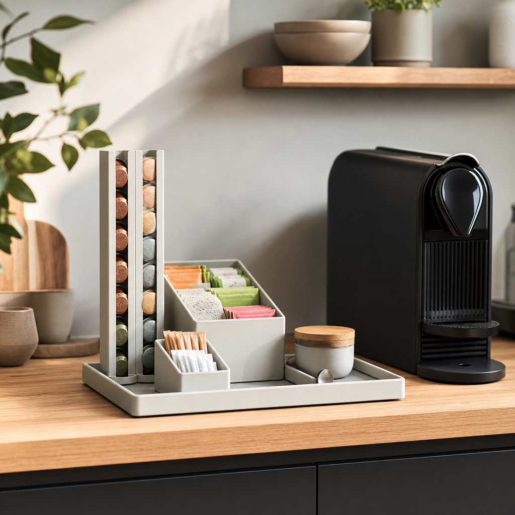 Ordentlich organisierte 3D-gedruckte Kaffeestation mit Kapselspender, Sachet-Halter und kompakter Ablage für Kaffeezubehör
