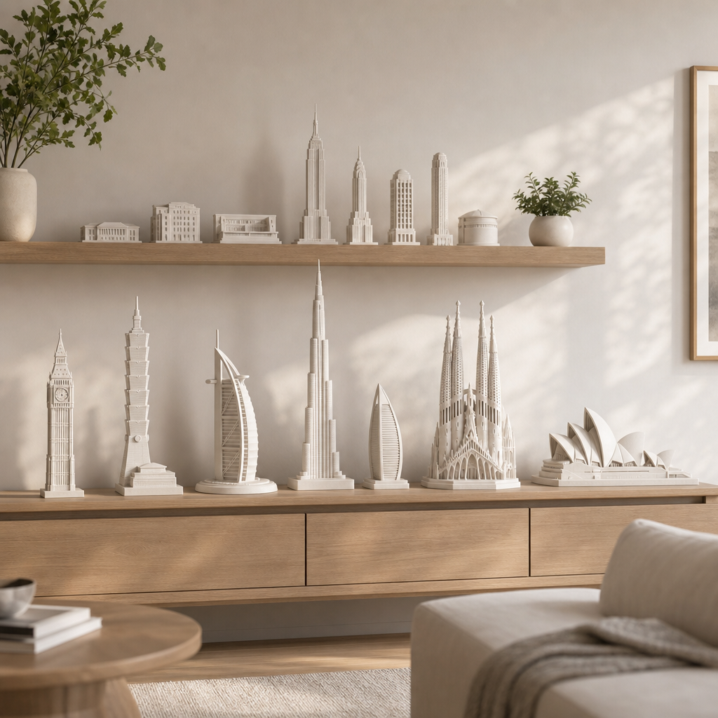 3D-gedruckte Architekturmodelle auf Regal und Sideboard in einem modernen Wohnraum