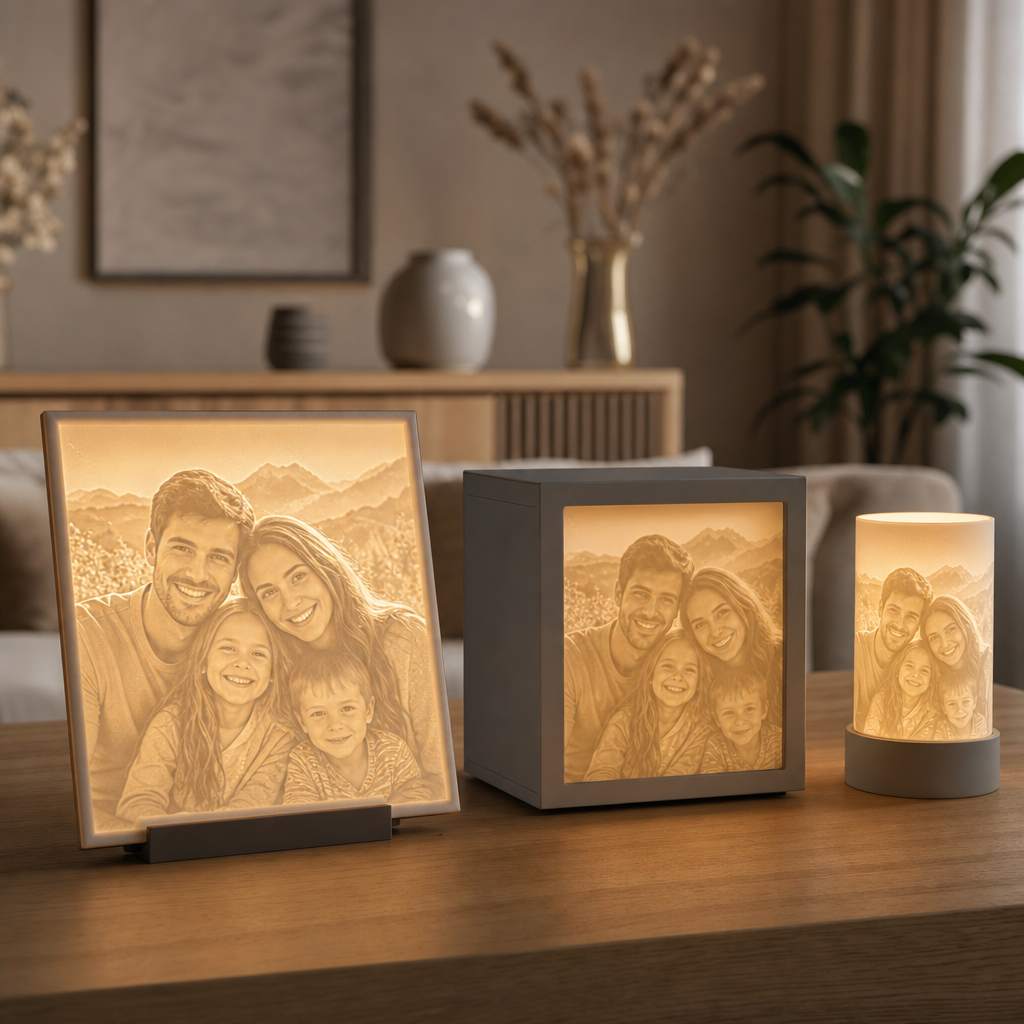 Leuchtende 3D-Lithophanie mit Lithobox und Litholampe als Entscheidungshilfe für personalisierte Lichtbilder