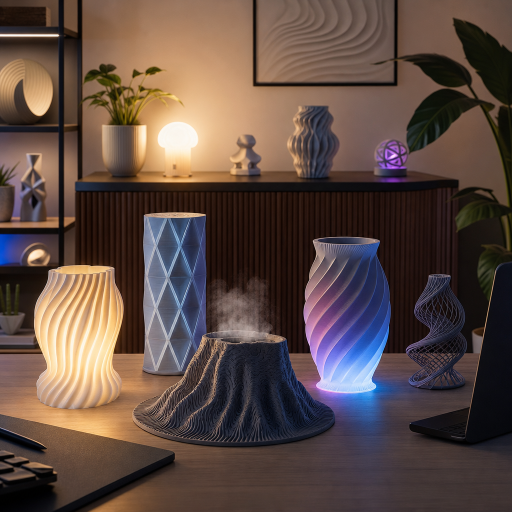 3D-gedruckte Dekolampe mit stimmungsvoller RGB-Beleuchtung als Beispiel für 3D-Druck mit Licht und Nebel
