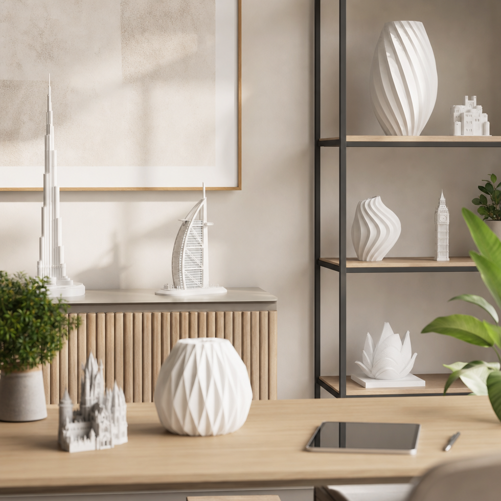 3D-gedruckte Architektur-Deko auf Sideboard und Regal passend nach Größe, Stil und Stellfläche ausgewählt