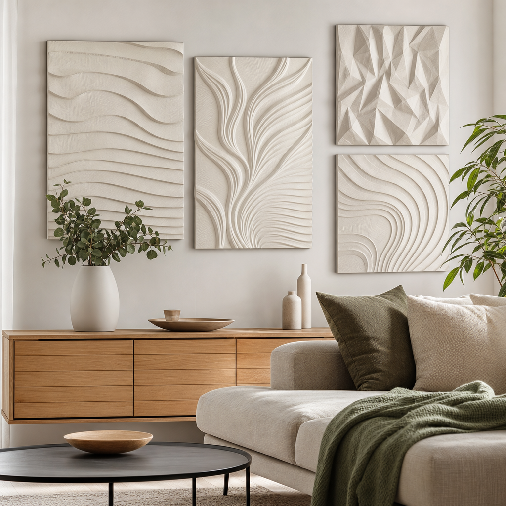 3D-gedruckte Wandbilder mit sichtbarer Tiefenstruktur als moderne Wanddekoration im Wohnraum