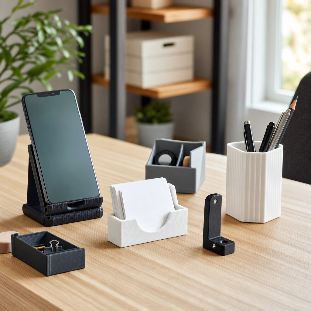 Funktionale 3D-Druckteile wie Smartphonehalter, Kartenhalter, Stiftehalter und Aufbewahrungsbox auf einem aufgeräumten Schreibtisch