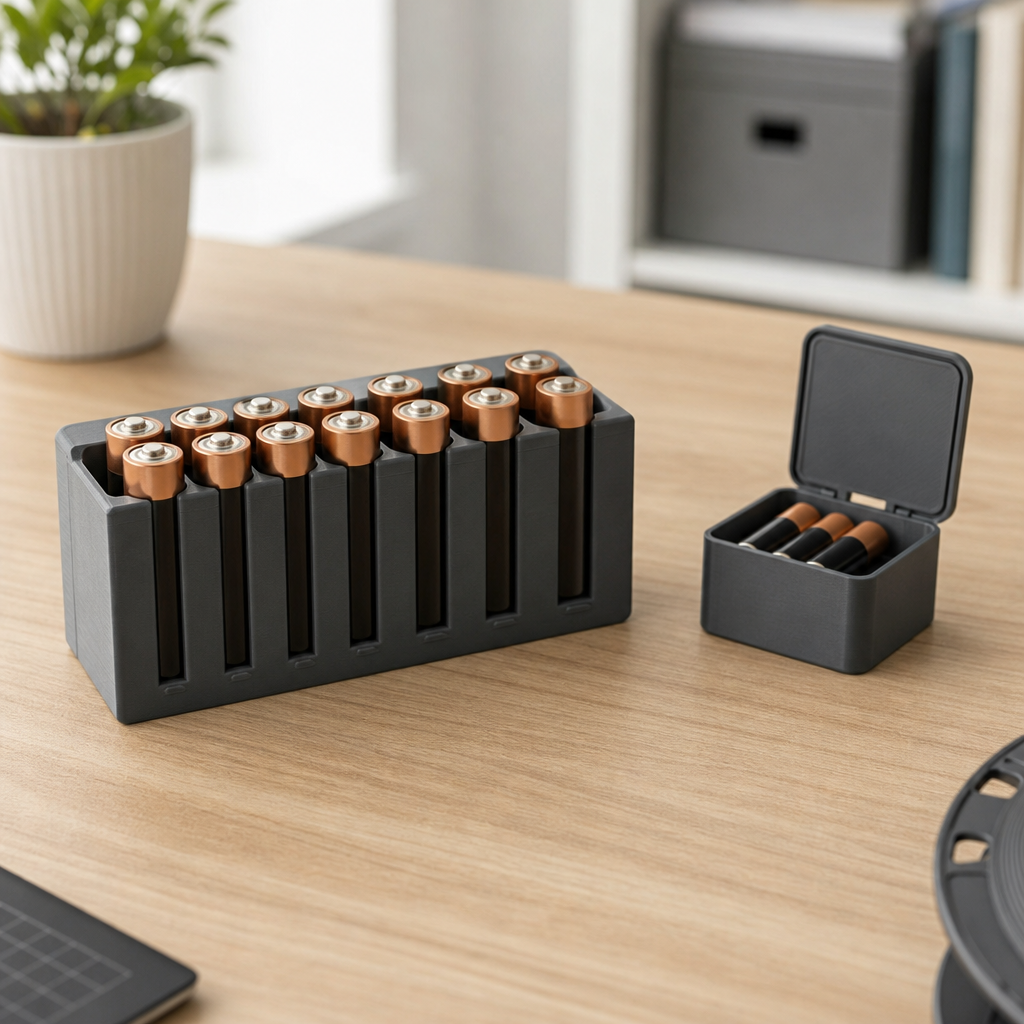 3D-gedruckter Batteriehalter mit ordentlich sortierten AA-Batterien auf einem Schreibtisch