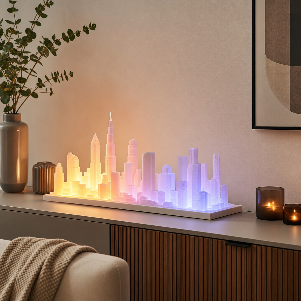 3D-gedrucktes Architekturmodell und beleuchtete Architekturleuchte als Dekoration auf einem Sideboard
