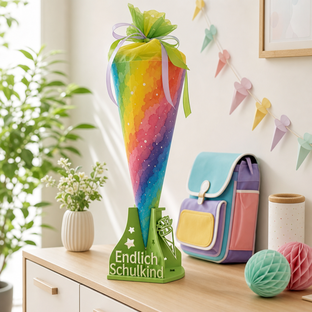 Schultüte auf grünem 3D-gedruckten Schultütenständer zur Einschulung