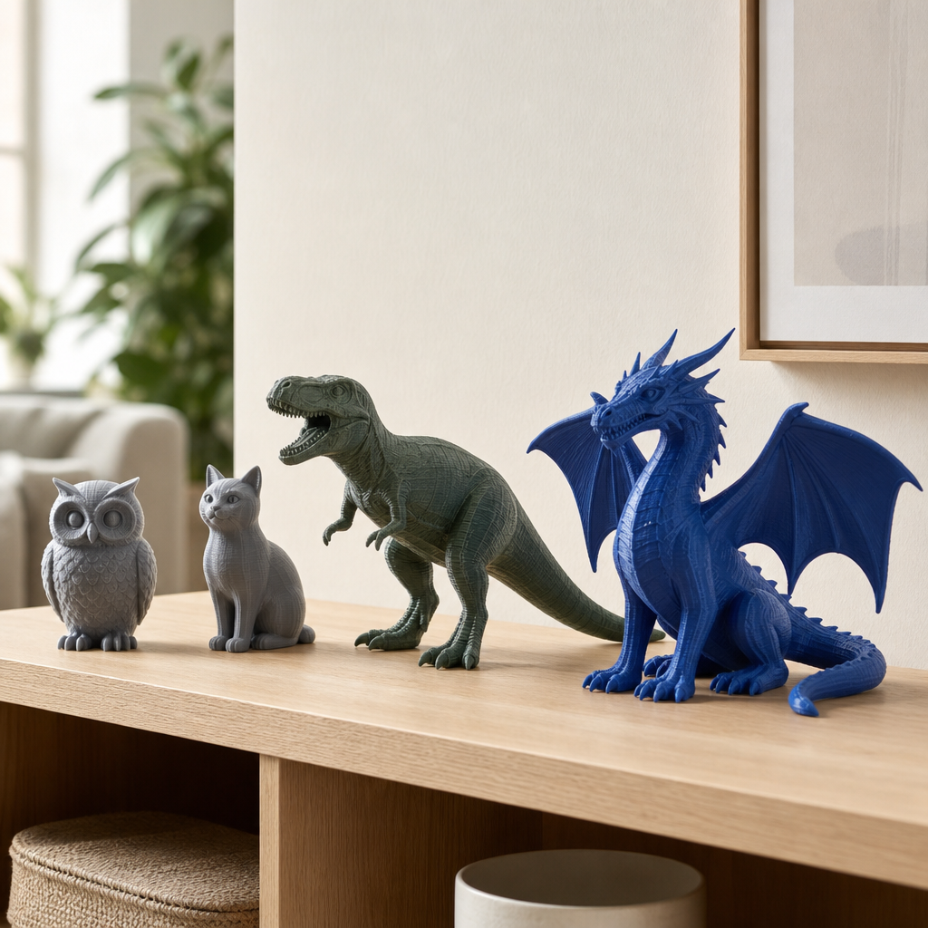 3D-gedruckte Tierfiguren aus PLA mit unterschiedlichen Größen und Formen auf einem hellen Wohnregal